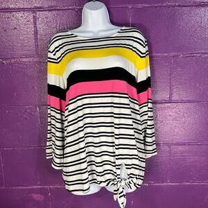 Ruby Rd  Black Striped Tunic Top Colorblock Pink Yellow XL